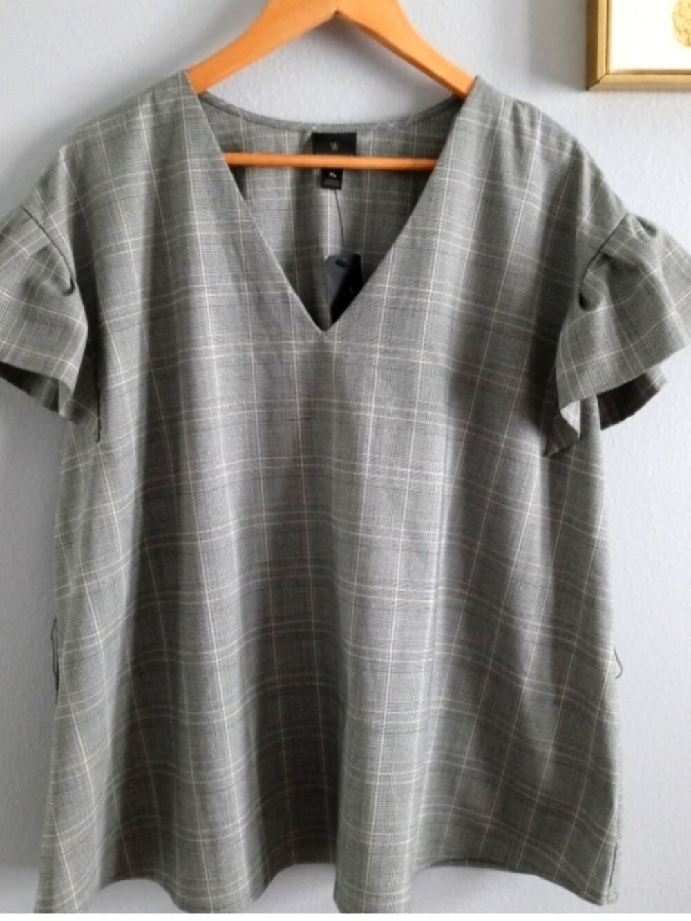 Top Blouse ruffles sleeves color glen plaid XL Polyester V Neck